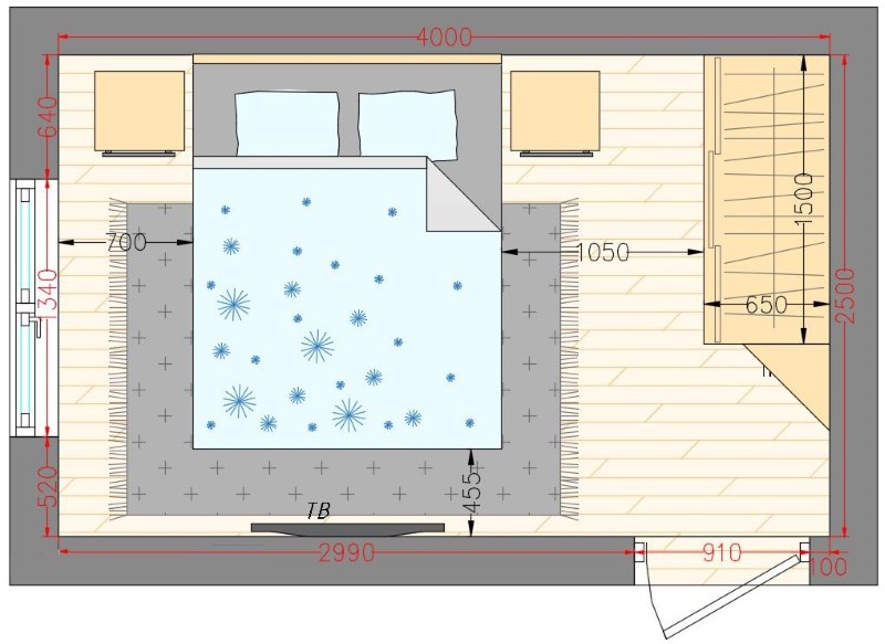 Layout of a bedroom measuring 10 square meters