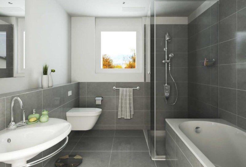 Sivý kúpeľňový interiér s oknom
