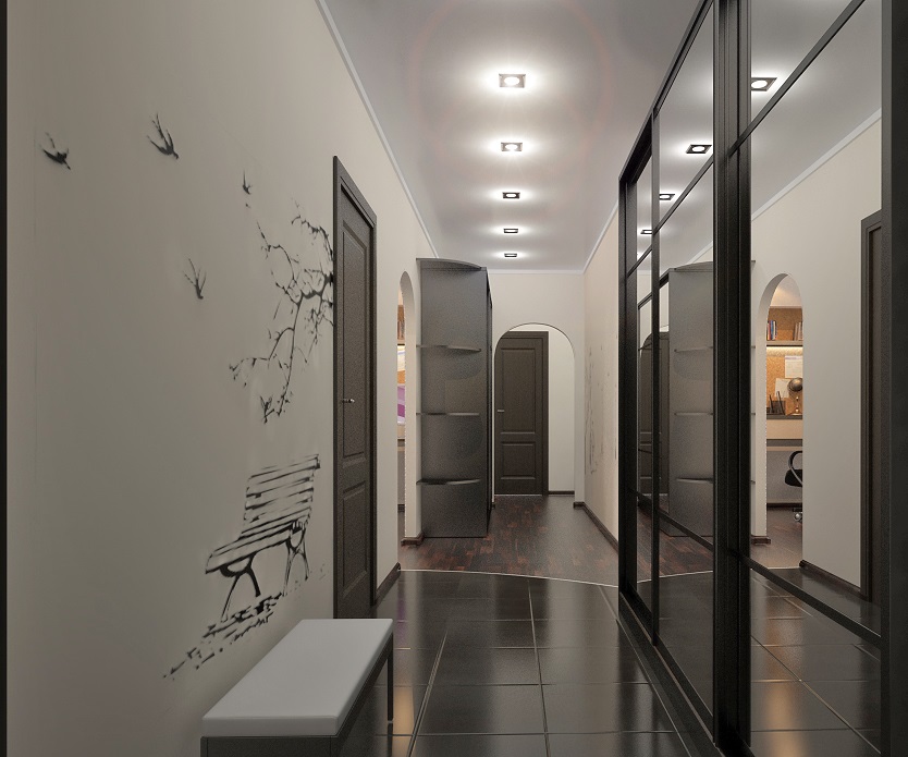 Ceramic floor in the narrow corridor of the apartment