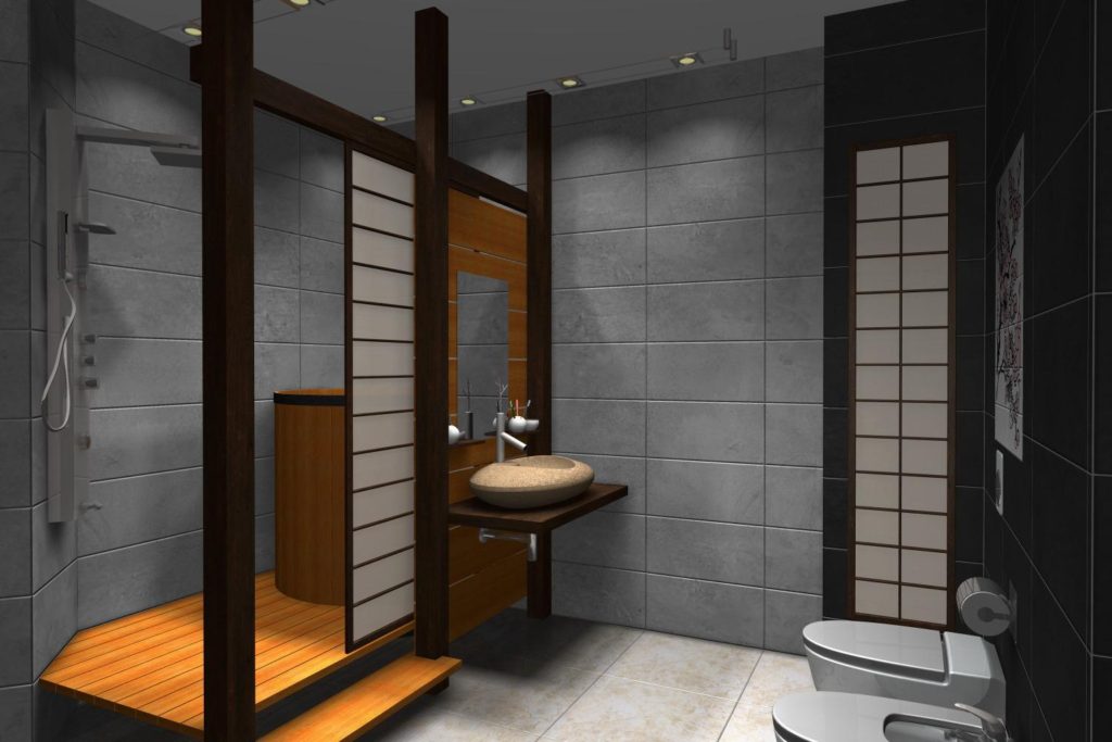Japāņu stila kombinētais vannas istabas interjers