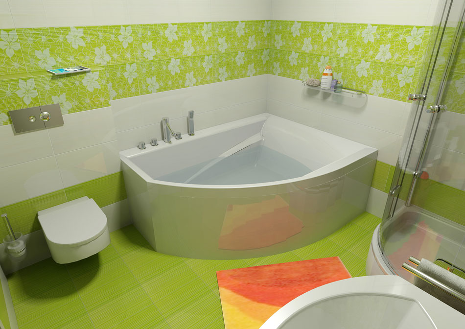 Bañera de acrílico en forma de esquina en el baño combinado