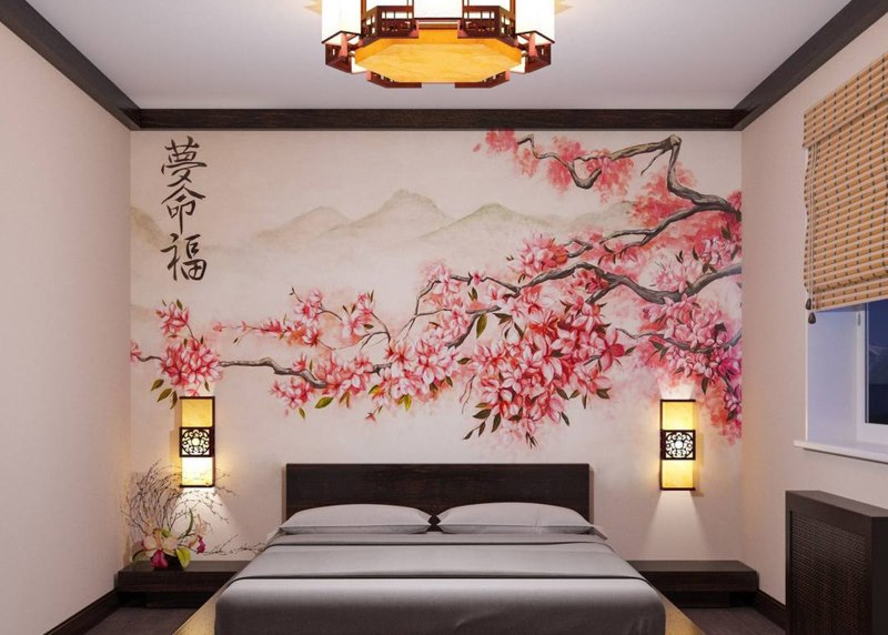 Sakura uz sienas sienas japāņu guļamistabā