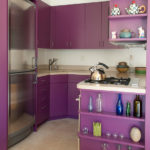 Purple shelves at the end of the kitchen