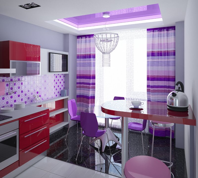 Pop art style kitchen design with purple curtains.
