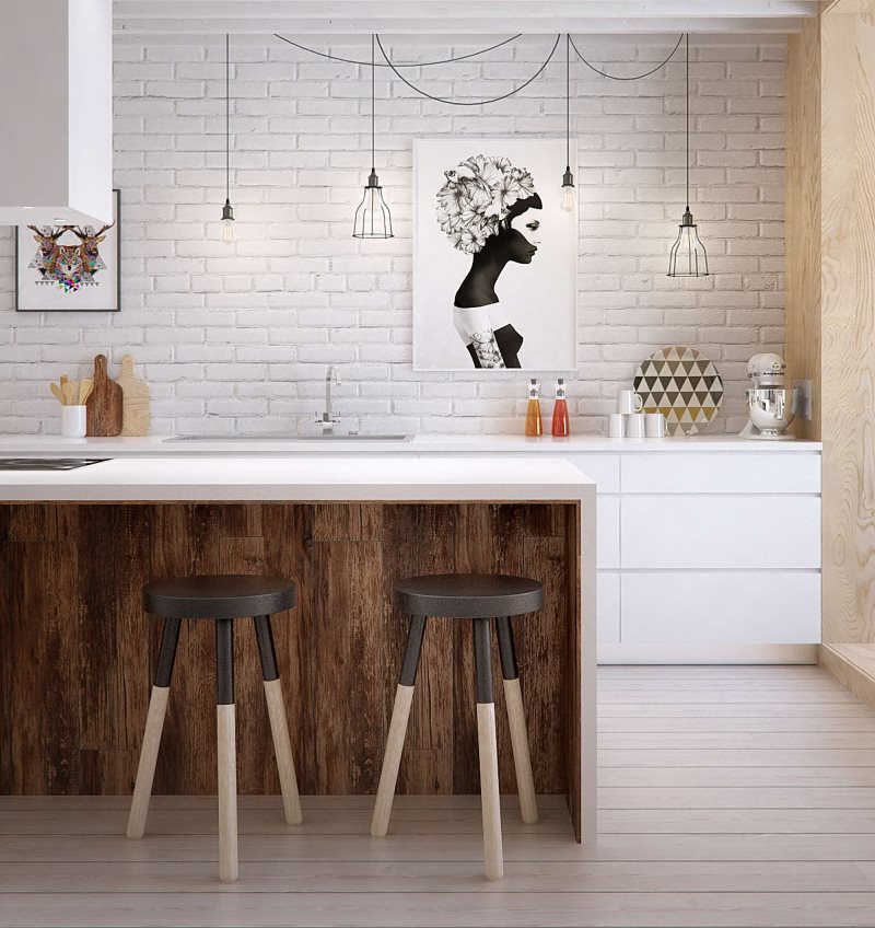 Modern bir mutfak beyaz tuğla duvar