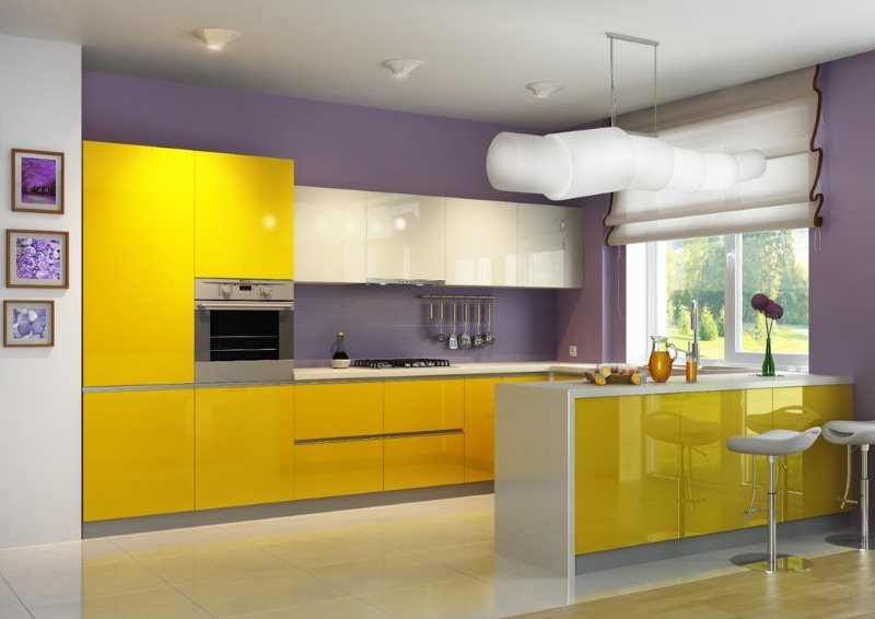 Yellow set against the background of lilac walls with wallpaper for painting
