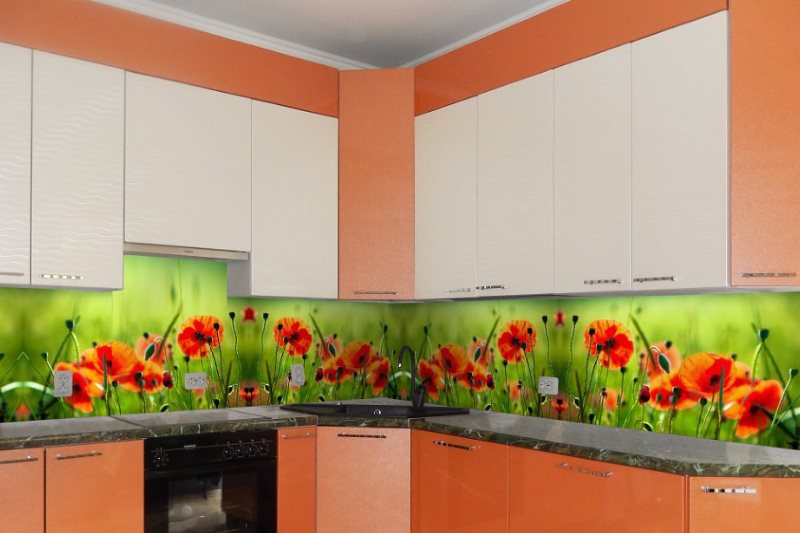 Tạp dề với in ảnh trong nhà bếp với một bộ màu cam