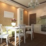 White furniture on the brown kitchen floor