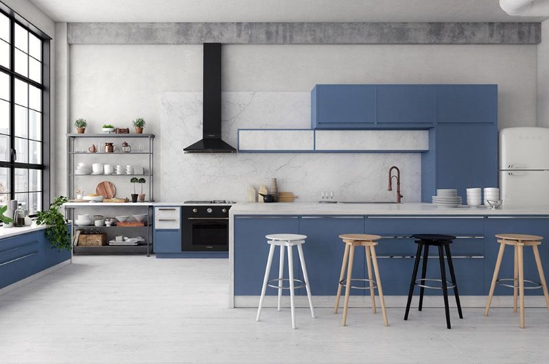 Mavi endüstriyel tarz mutfak ayarla