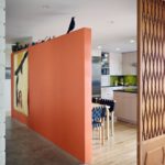 Zonēšana virtuves viesistabas oranžā starpsiena