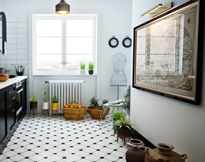 Black and white scandinavian style kitchen floor