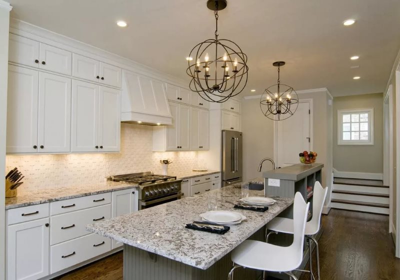 Original lights on the ceiling of a modern kitchen