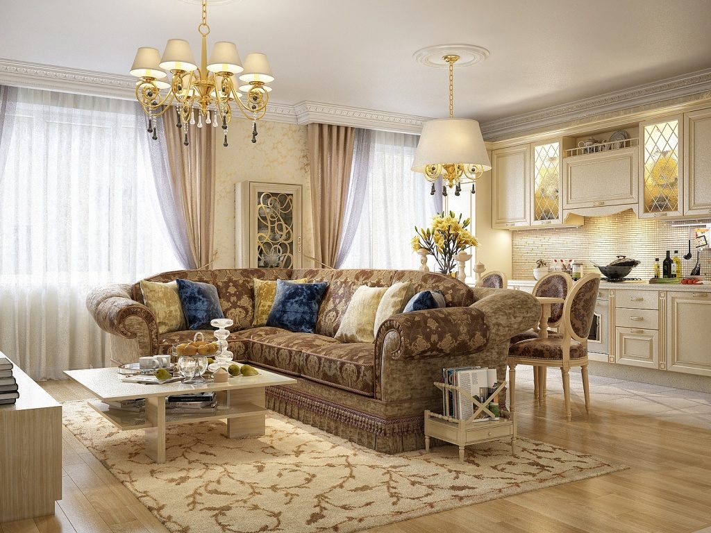 The design of the kitchen-living room in the classic style