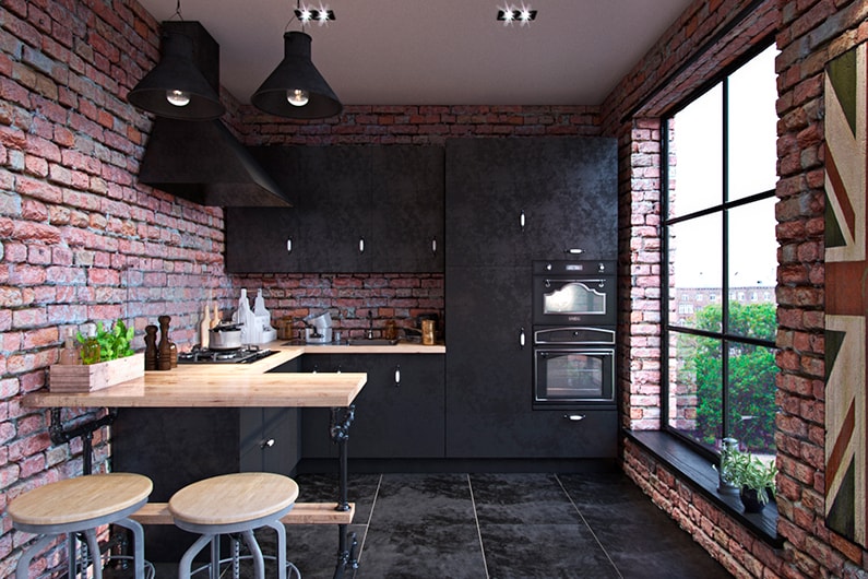 Brick walls of the kitchen with a panoramic window