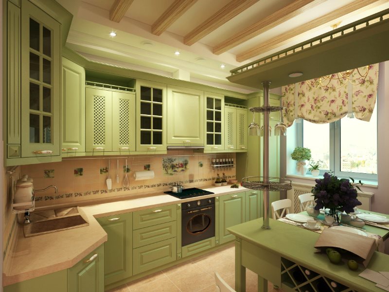 مطبخ أخضر فاتح على طراز بروفانس بمساحة 11 متر مربع
