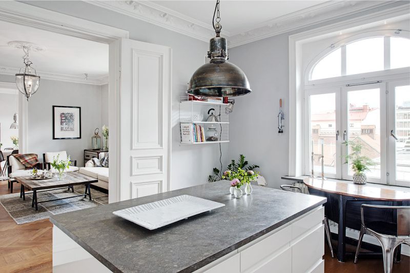 Ceiling light over a small kitchen island