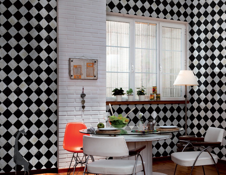 Black and white checkered wallpaper on kitchen walls