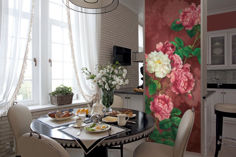 Fotobehang met bloemen in de eetkamer van de keuken