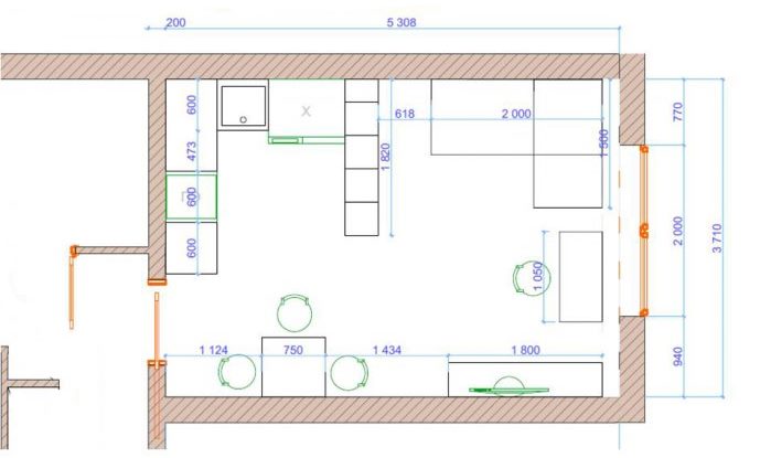 Yeniden geliştirme sonrasında mutfak-oturma odasının planı