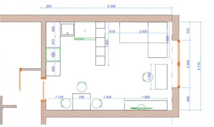 Planul bucătăriei-sufragerie după reamenajare