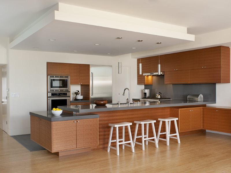 Art Nouveau kitchen design with two-level ceiling