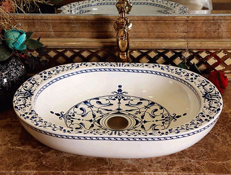 Ceramic overhead sink with oriental painting