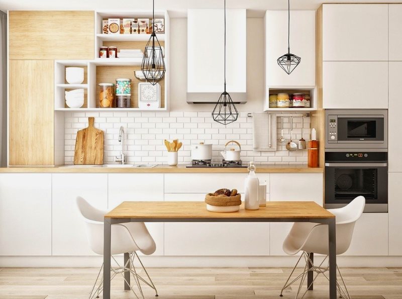 Lineaire keuken in Scandinavische stijl met eethoek