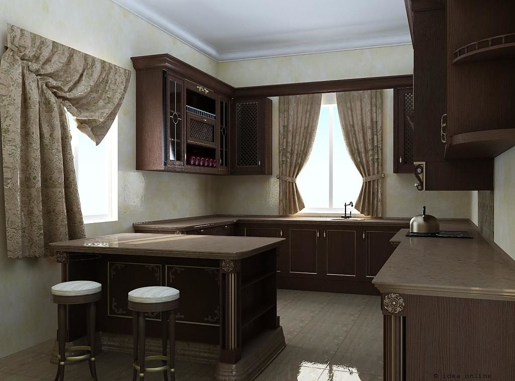 Hafif duvarlar ile kahverengi mutfak mobilya.