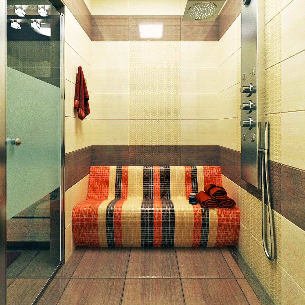 Mosaic tiles on a stone bench in a Turkish style bathtub