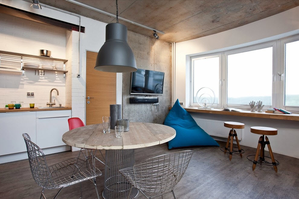 Wooden kitchen floor with large windows