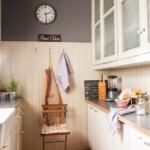 Pulkstenis uz pelēkas virtuves sienas pilsētas dzīvoklī