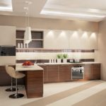 Bar counter in the kitchen with wood-like facades