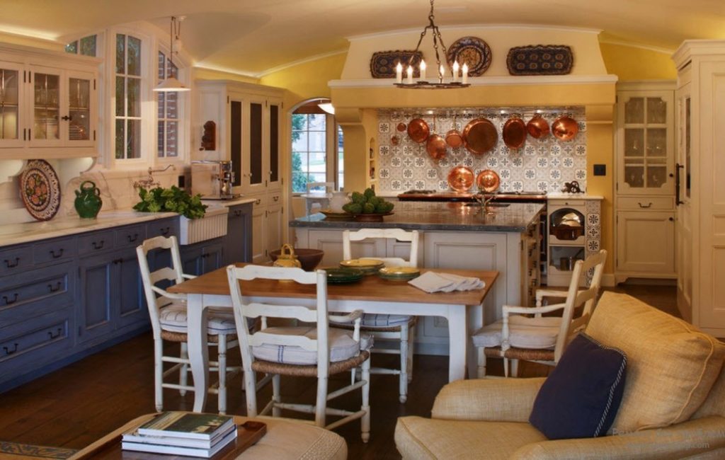 Dark provence kitchen bottom with white wall cabinets