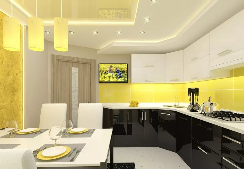 Siyah alt ile modern mutfak sarı önlük