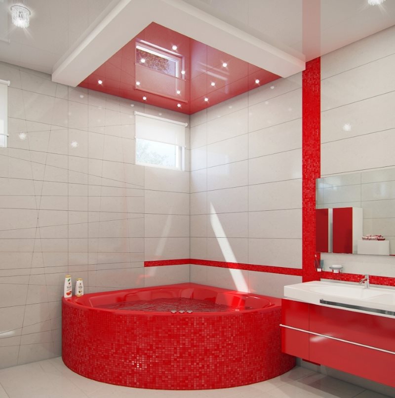 Red acrylic bathtub in a modern bathroom