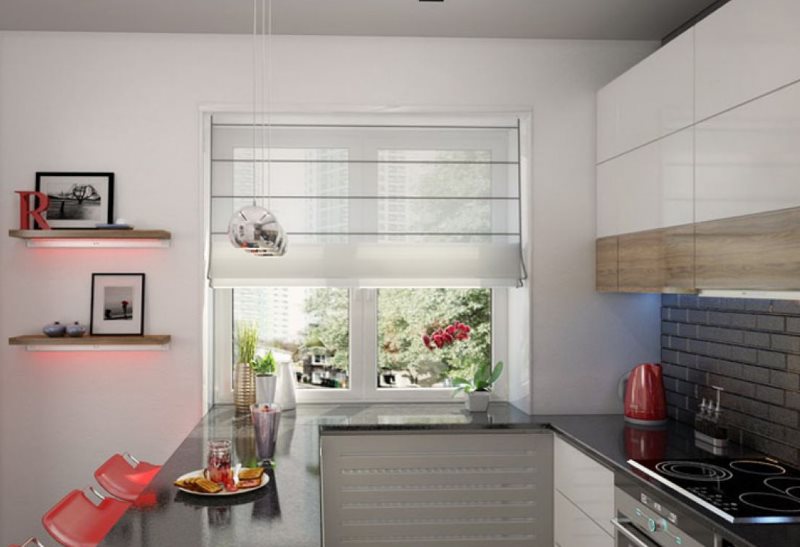 Design de cozinha de estilo minimalista com uma barra de café da manhã