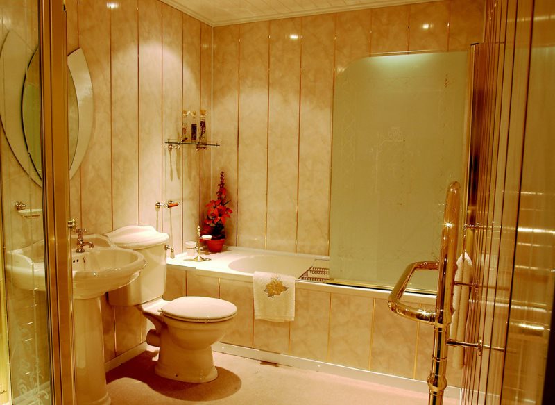 The interior of the combined bathroom with plastic panels on the wall