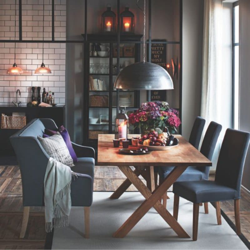 Steel ceiling light above the kitchen table