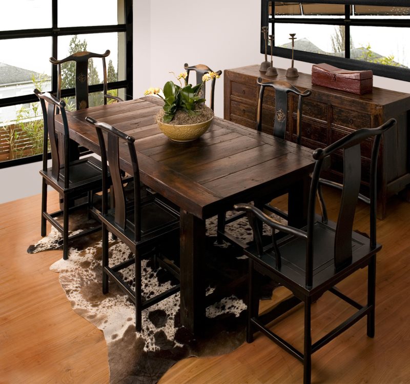 Massive wooden table in the Japanese style kitchen