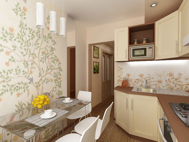 Small kitchen Khrushchev with wallpaper on the wall