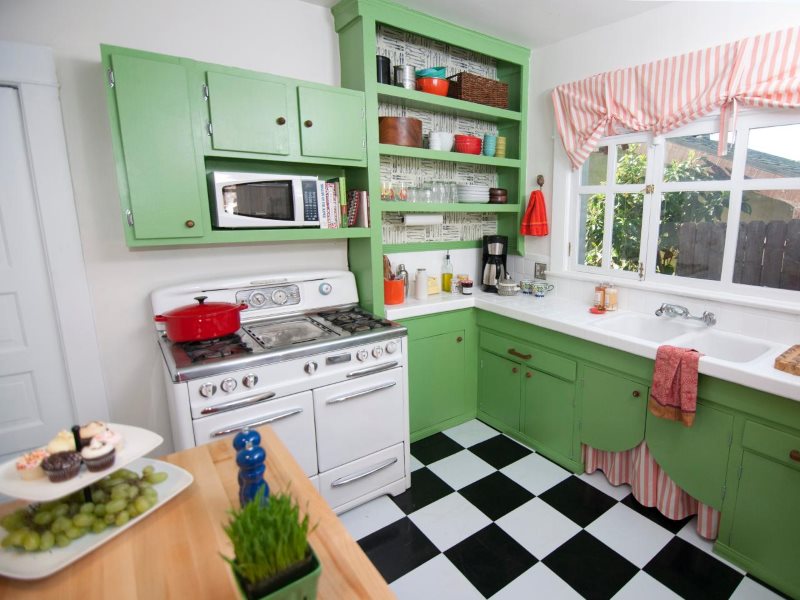 L tarzı mutfak retro tarzı yeşil cephe