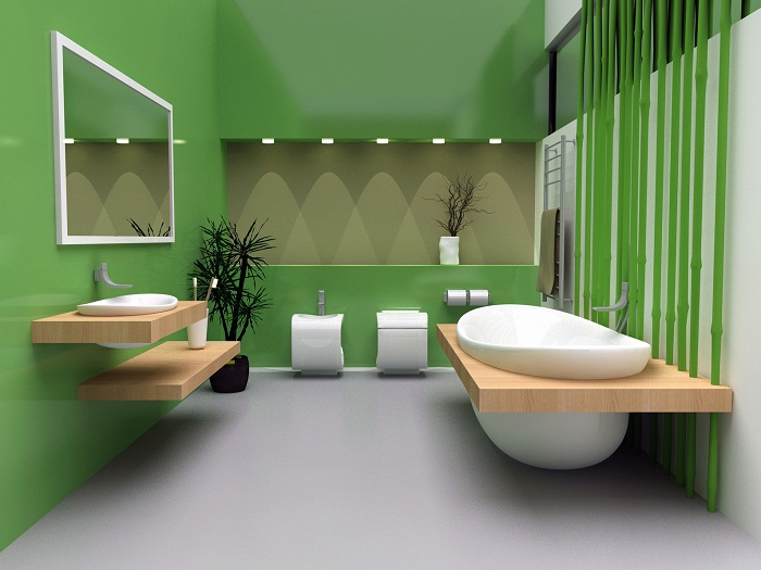 Pereți verzi strălucitori în baia unei case private