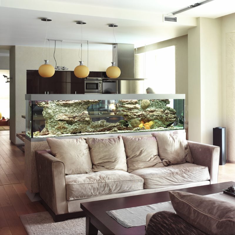 Aquarium in het interieur van de keuken-woonkamer