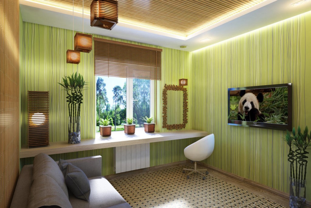 papel de parede de bambu na sala de estar