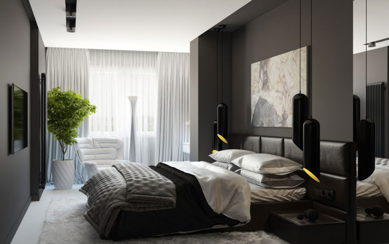 ภาพการออกแบบห้องนอนสีดำและสีขาว