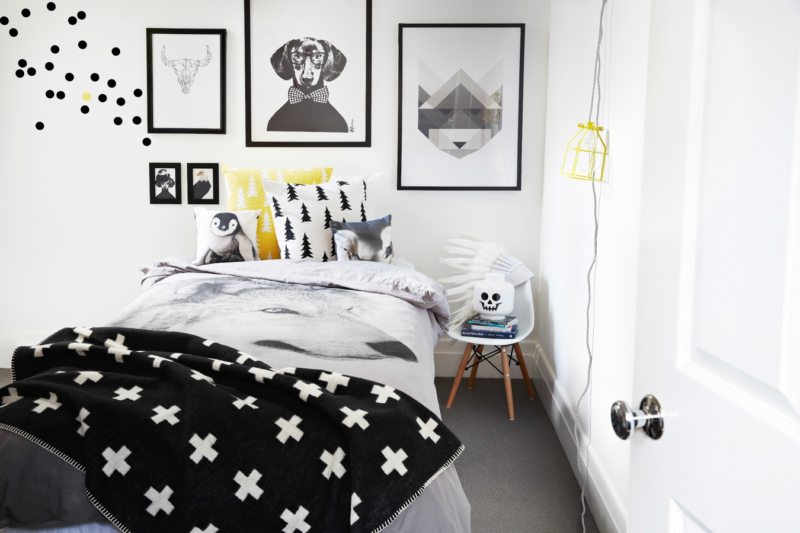 black and white bedroom interior photo