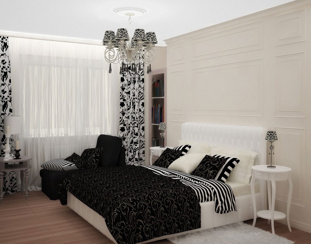 black and white bedroom interior photo