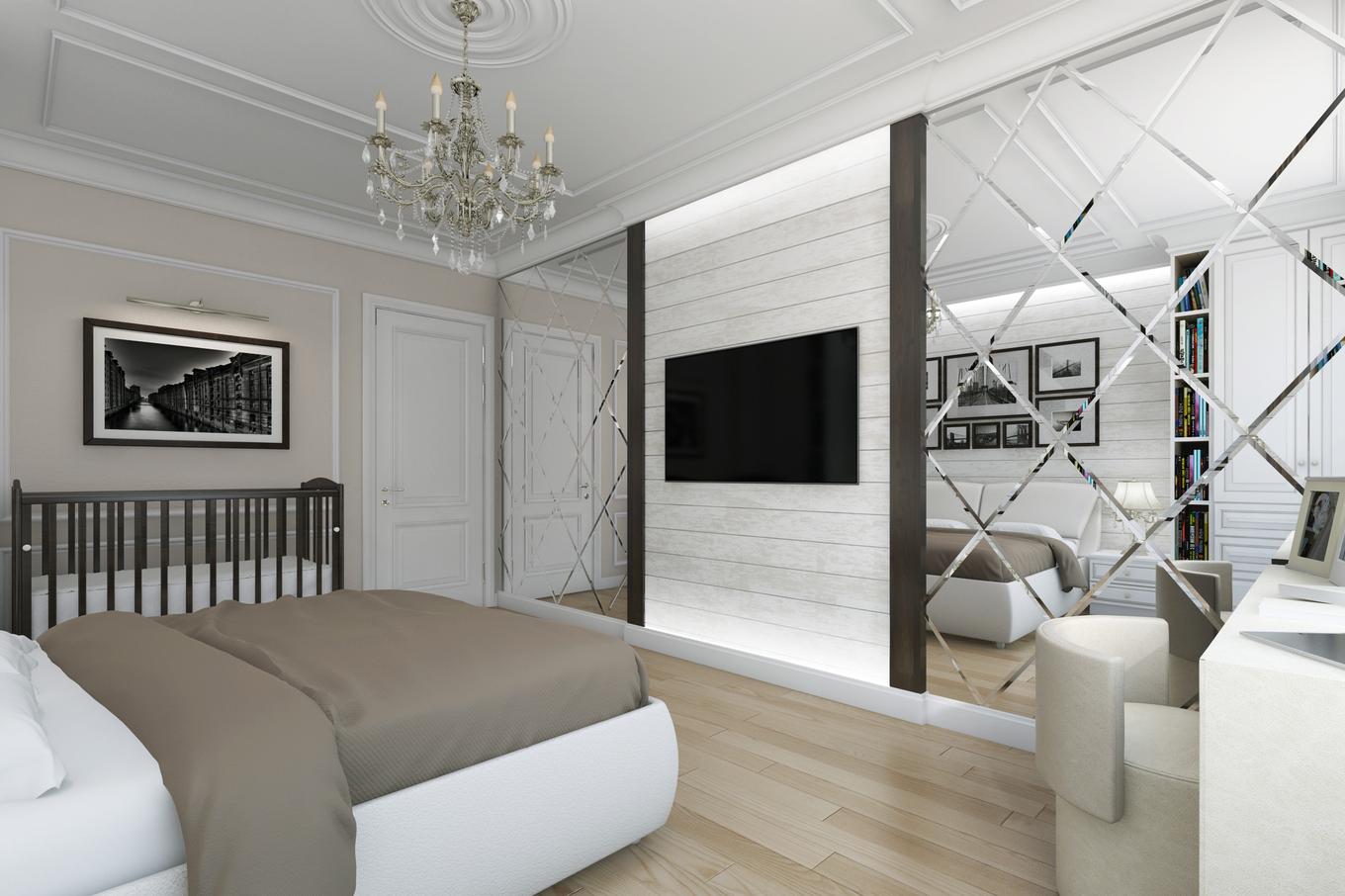 bedroom design 12 sq m with a mirror wall