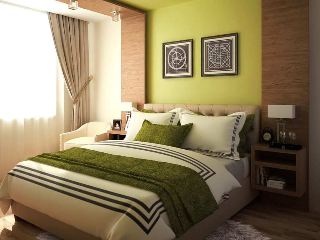 phòng ngủ màu nâu với màu xanh lá cây