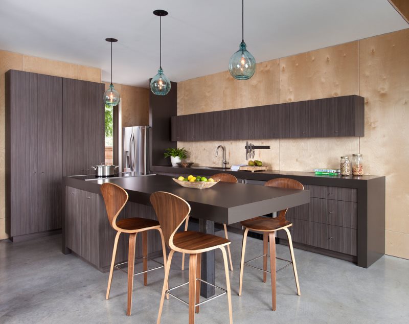 Plywood in the interior of a modern kitchen